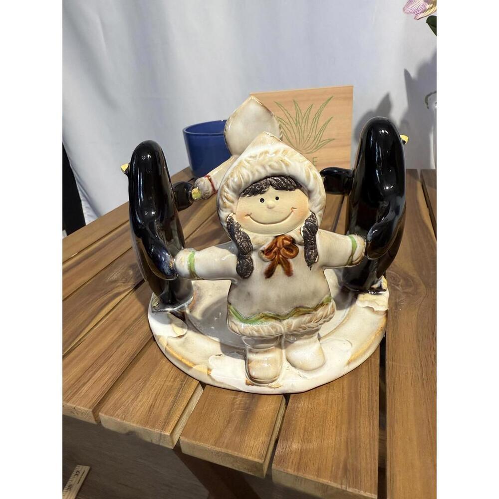 VTG Yankee Candle Penguin & Girls Arctic Decor Large Candle Holder Fall November - Picture 2 of 7